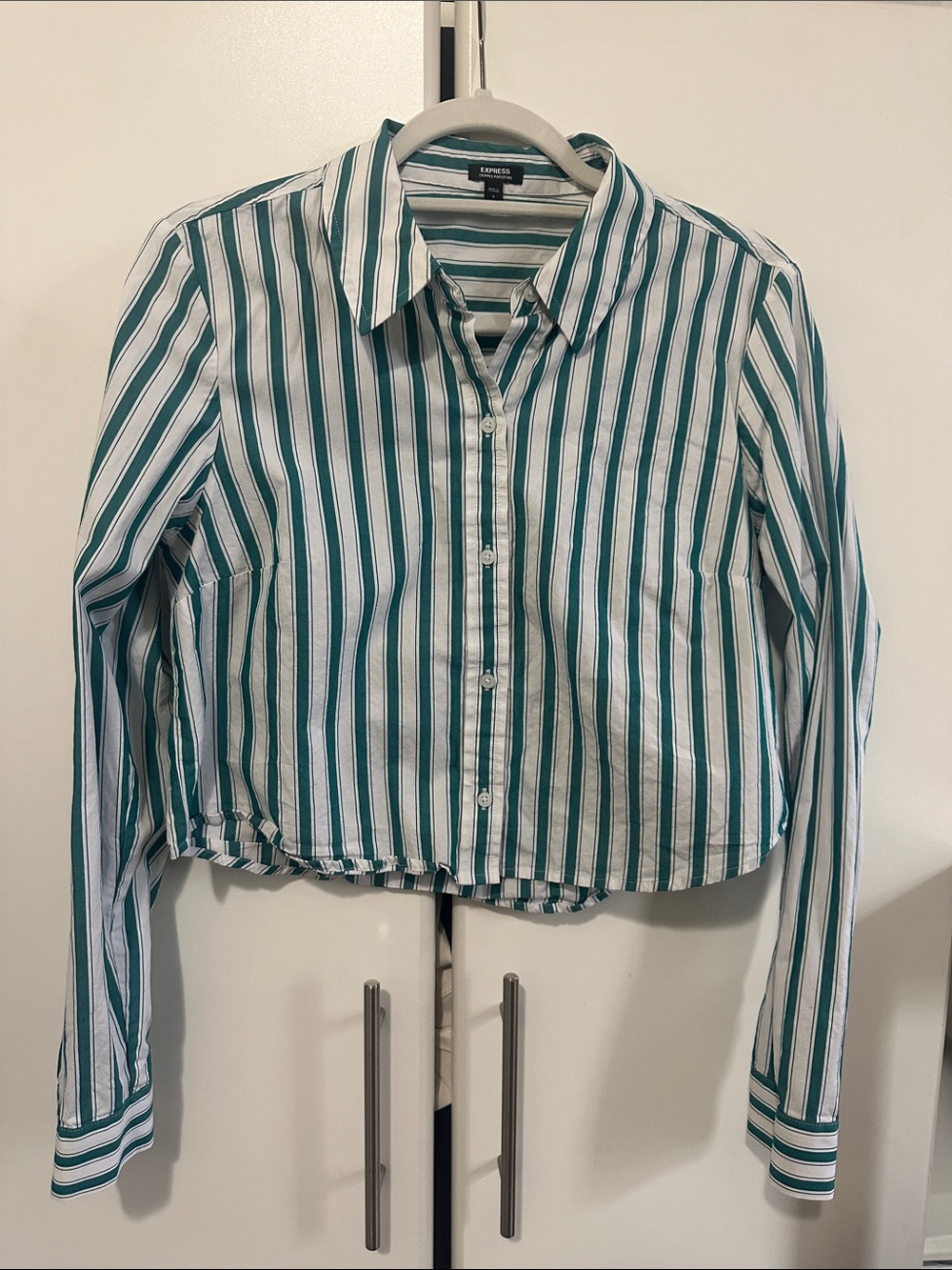 Express Teal and White Striped Button-Front Crop Shirt